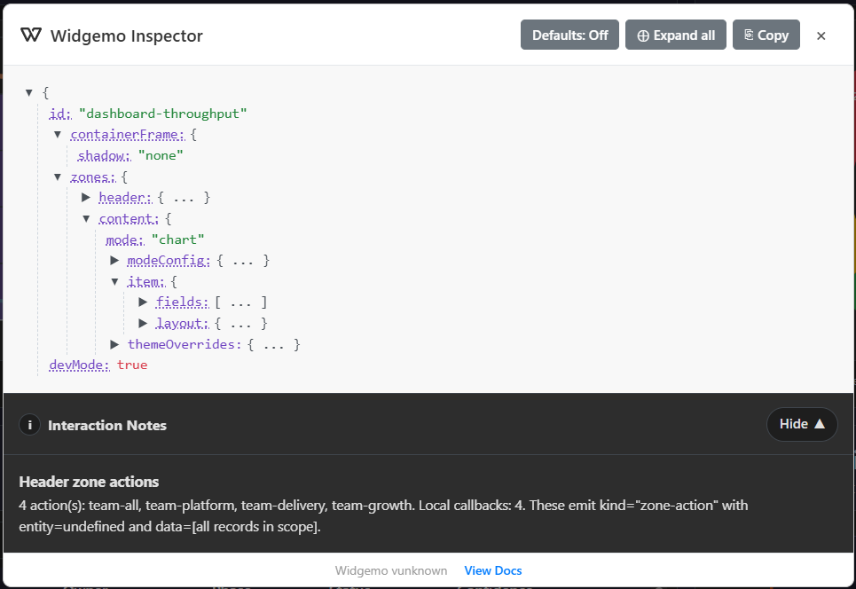 Widgemo Inspector sample modal